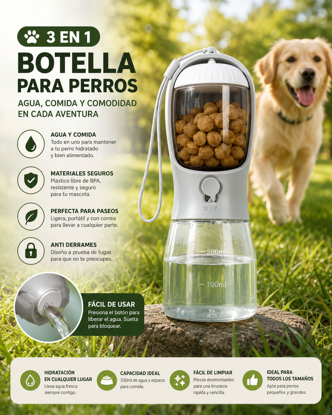 Vaso Portátil 3 en 1 para Perros: Agua, Comida y Bolsas | Deterrajaras