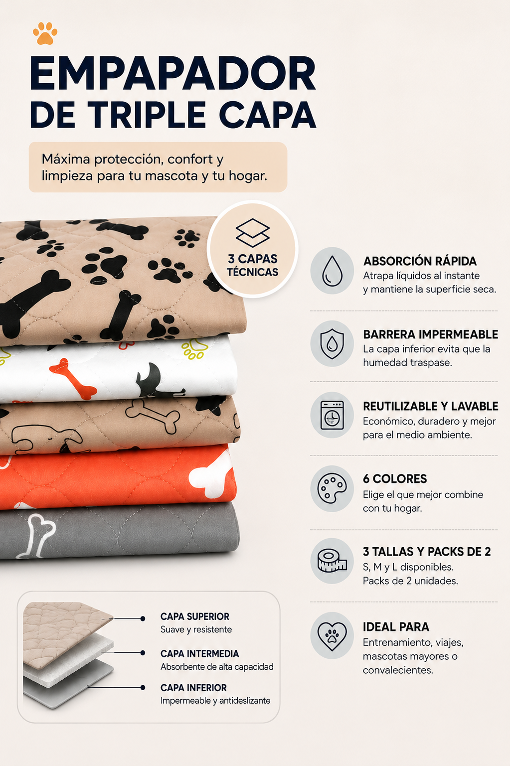 Empapador Absorbente 3 Capas Impermeable para Mascotas | Deterrajaras
